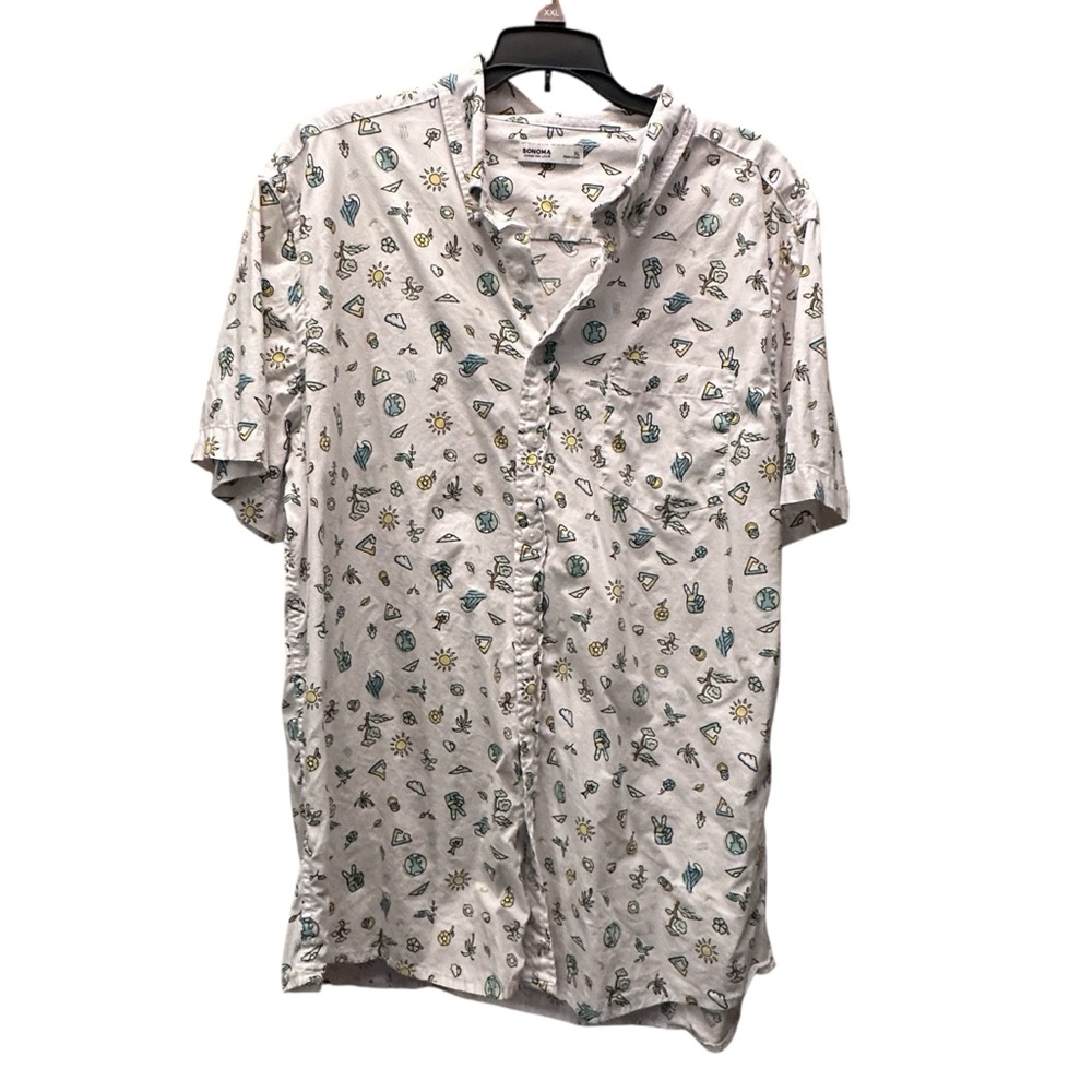 Sonoma Men's White Cotton‎ Short Sleeve peace signs Button Down Shirt Size XL